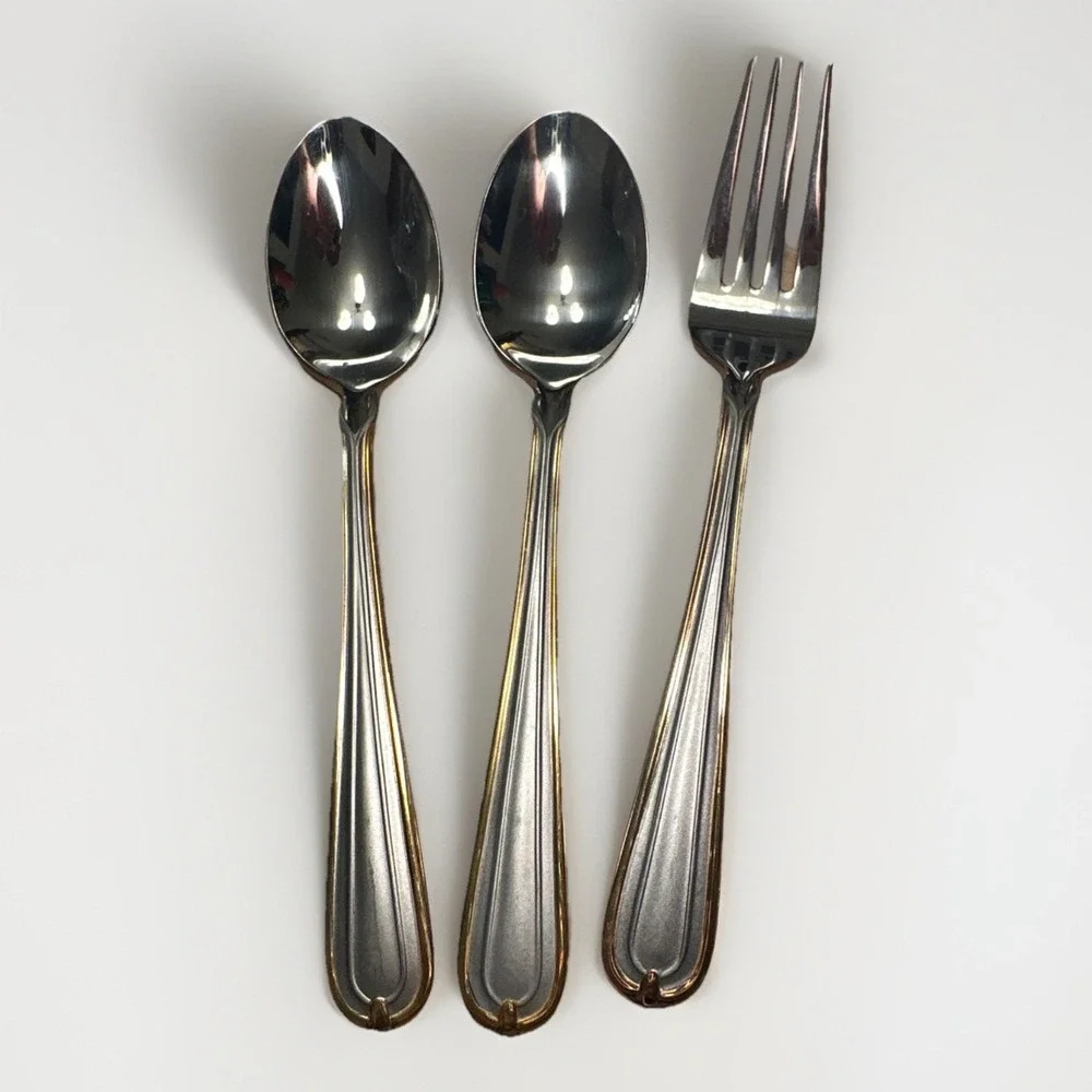 (2) Teaspoons (1) Salad Fork Hampton Lorraine Stainless Gold Accent Outline